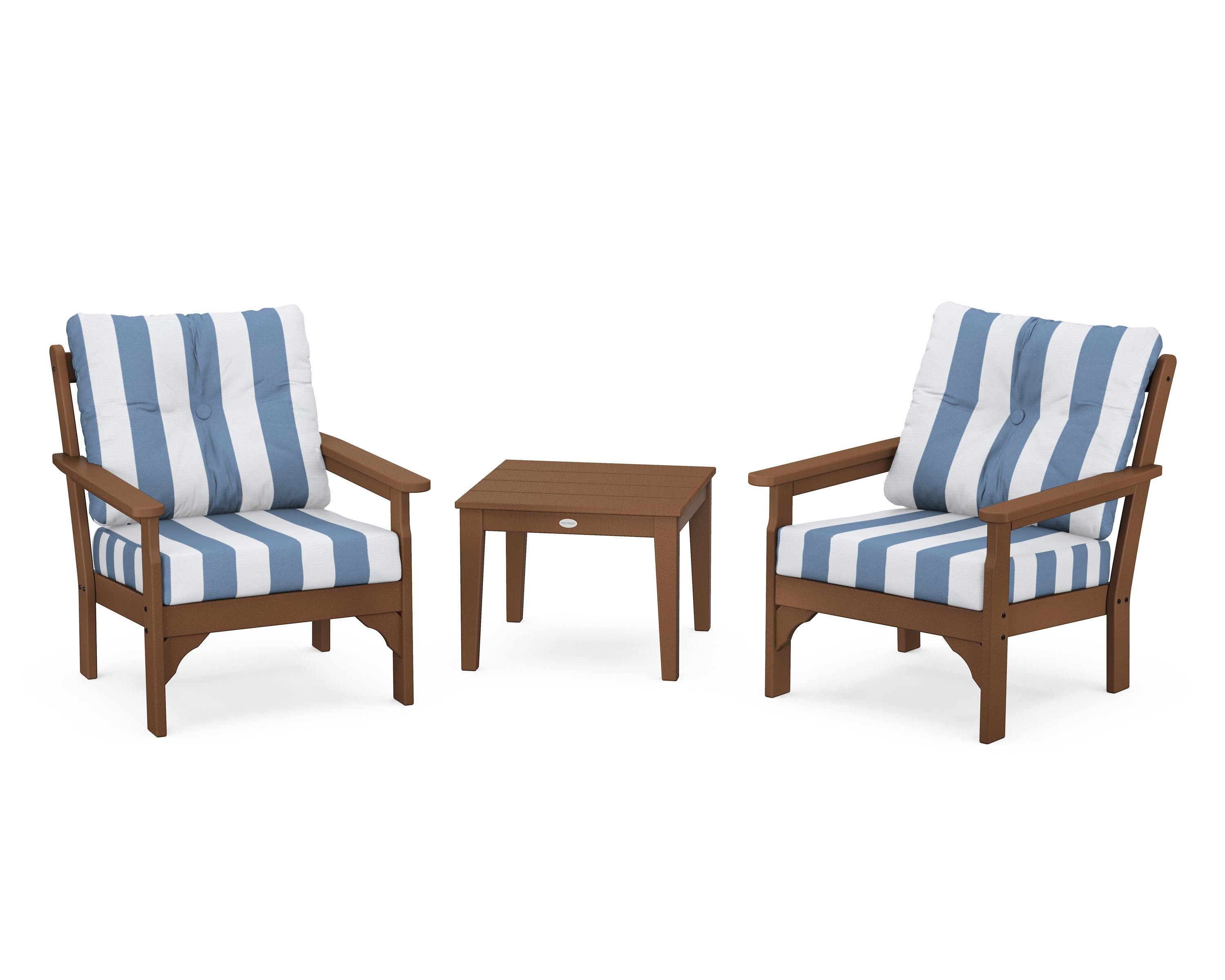 POLYWOOD® Vineyard 3-Piece Deep Seating Set in Teak / Cabana Stripe Sky Blue
