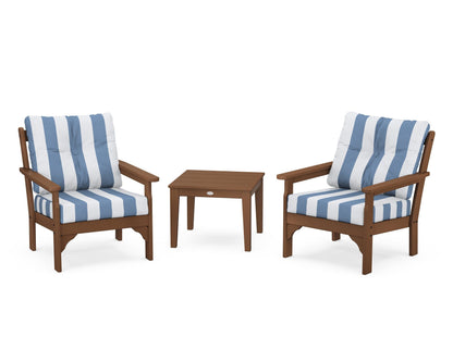 POLYWOOD® Vineyard 3-Piece Deep Seating Set in Teak / Cabana Stripe Sky Blue
