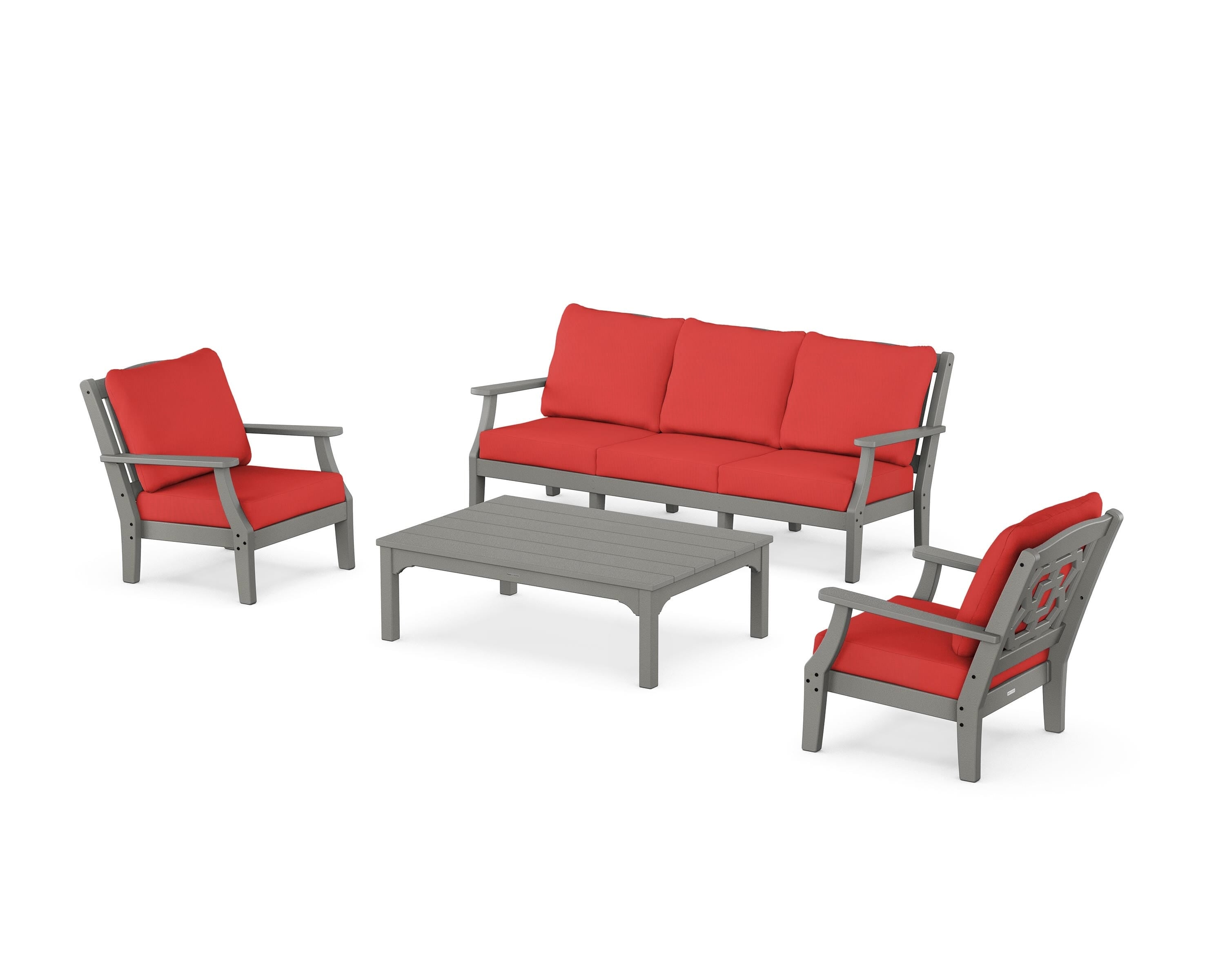 Martha Stewart by POLYWOOD® Chinoiserie 4-Piece Deep Seating Set with Sofa in Slate Grey / Crimson Linen