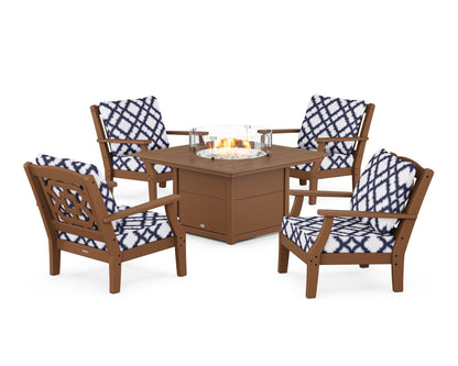 Martha Stewart by POLYWOOD® Chinoiserie 5-Piece Deep Seating Set with Fire Pit Table in Teak / Trellis Navy