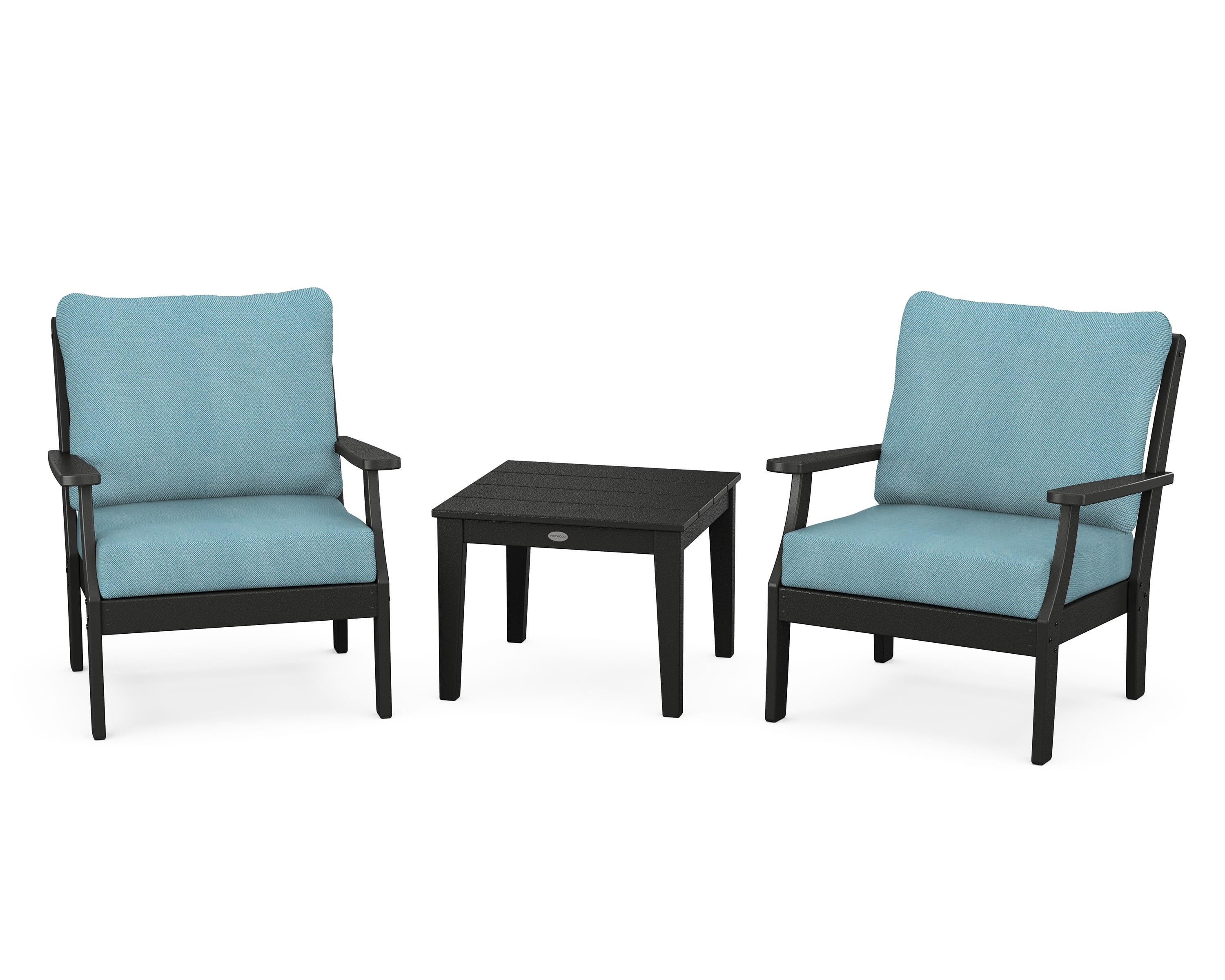 POLYWOOD® Braxton 3-Piece Deep Seating Set in Black / Lattice Sky Blue