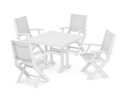 POLYWOOD® Coastal Folding Chair 5-Piece Farmhouse Dining Set With Trestle Legs in White / White Sling