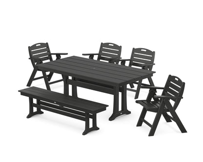 POLYWOOD® Nautical Lowback 6-Piece Farmhouse Dining Set with Trestle Legs and Bench in Black