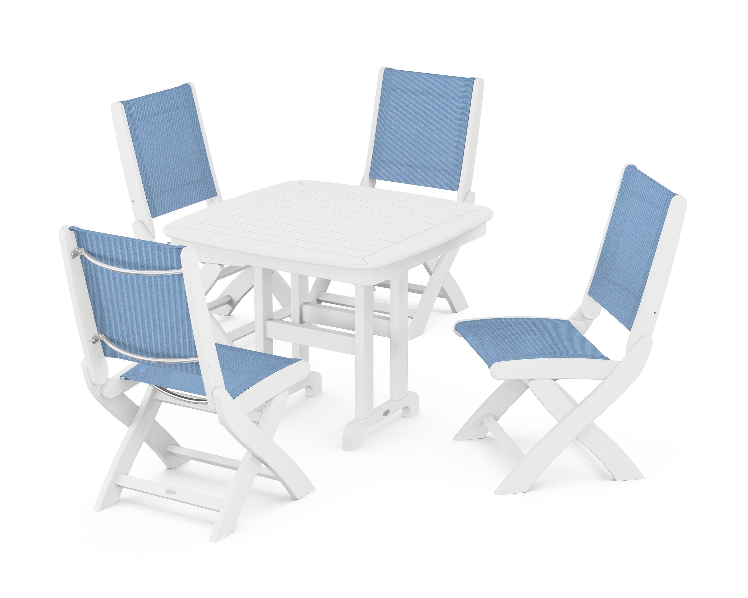 POLYWOOD® Coastal Folding Side Chair 5-Piece Dining Set in White / Poolside Sling