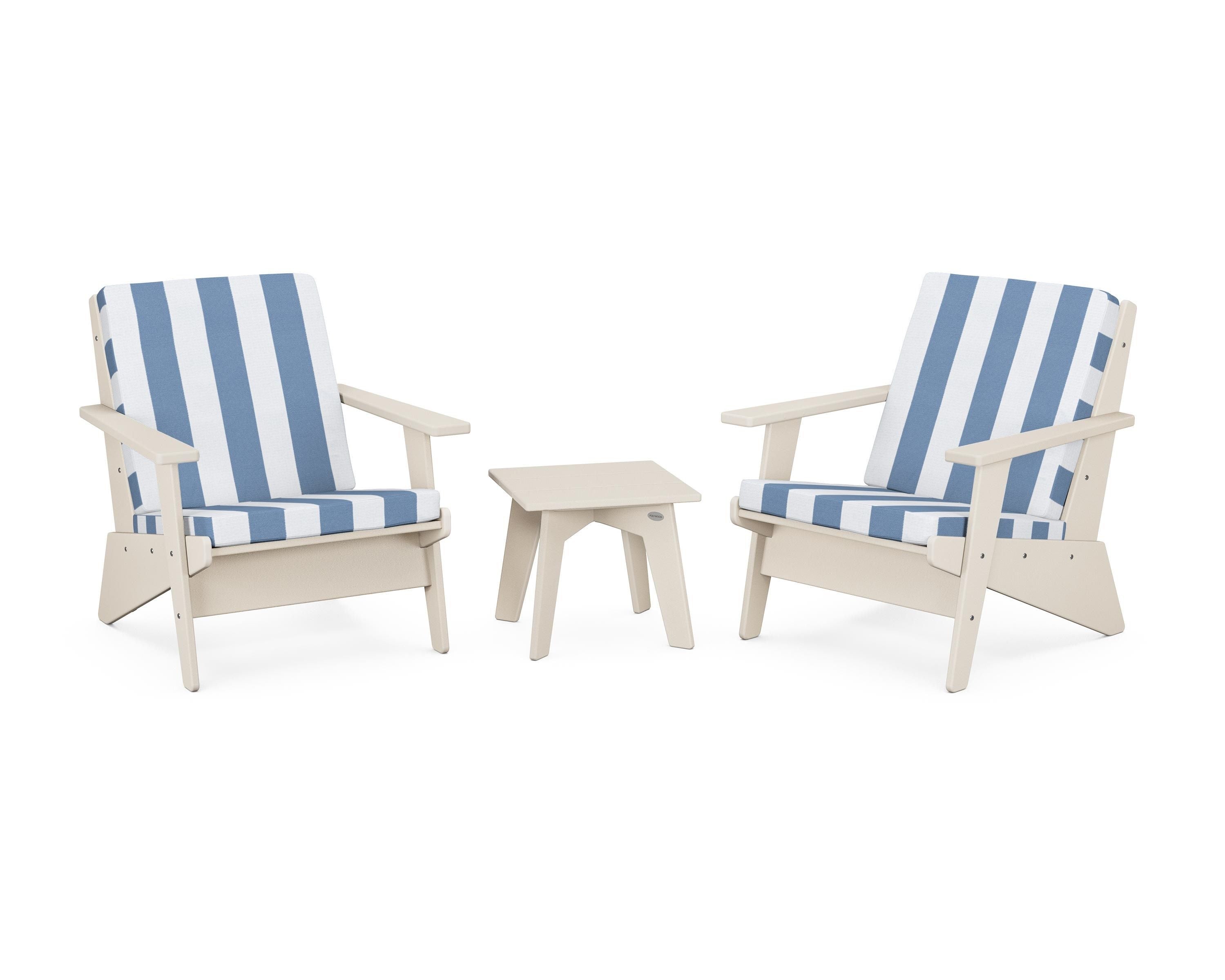 POLYWOOD® Riviera Modern Lounge 3-Piece Set in Sand / Cabana Stripe Sky Blue