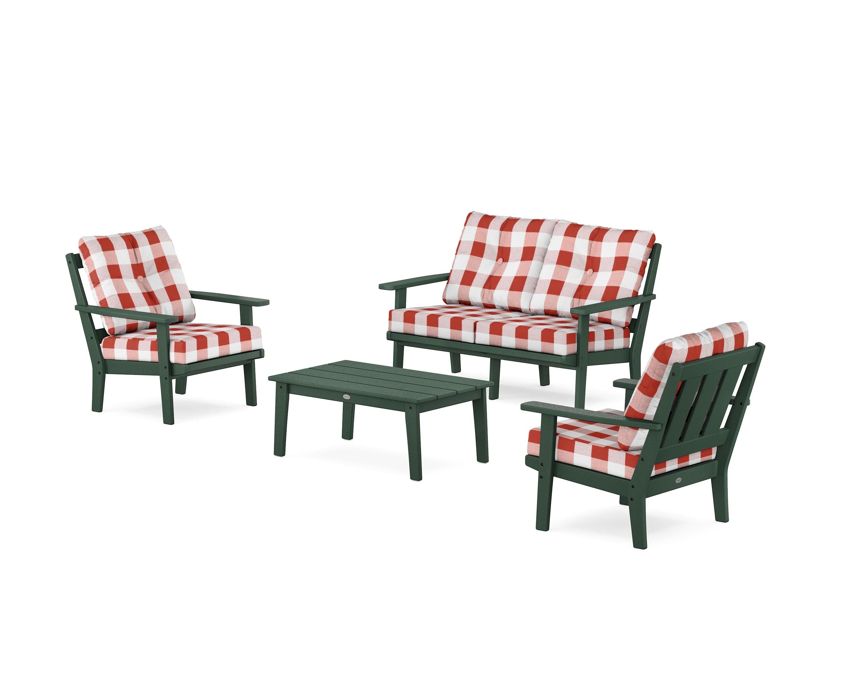 POLYWOOD® Oxford 4-Piece Deep Seating Set with Loveseat in Green / Buffalo Plaid Crimson