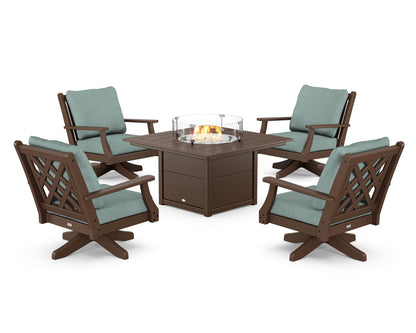 Country Living Wovendale 5-Piece Deep Seating Swivel Conversation Set with Fire Pit Table in Mahogany / Glacier Spa