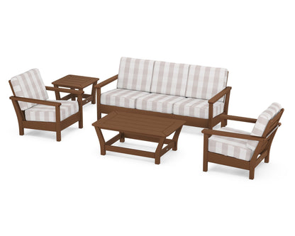 POLYWOOD® Harbour 5-Piece Deep Seating Set in Teak / Buffalo Plaid Dune Burlap