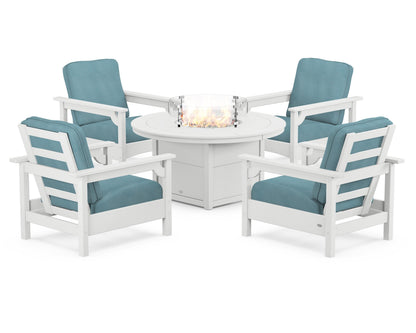 POLYWOOD® Club 5-Piece Conversation Set with Fire Pit Table in White / Lattice Sky Blue