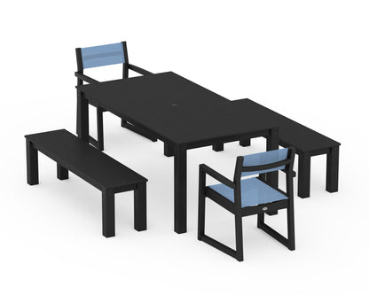POLYWOOD® EDGE Sling Arm Chair 5-Piece Parsons Dining Set with Benches in Black / Poolside Sling
