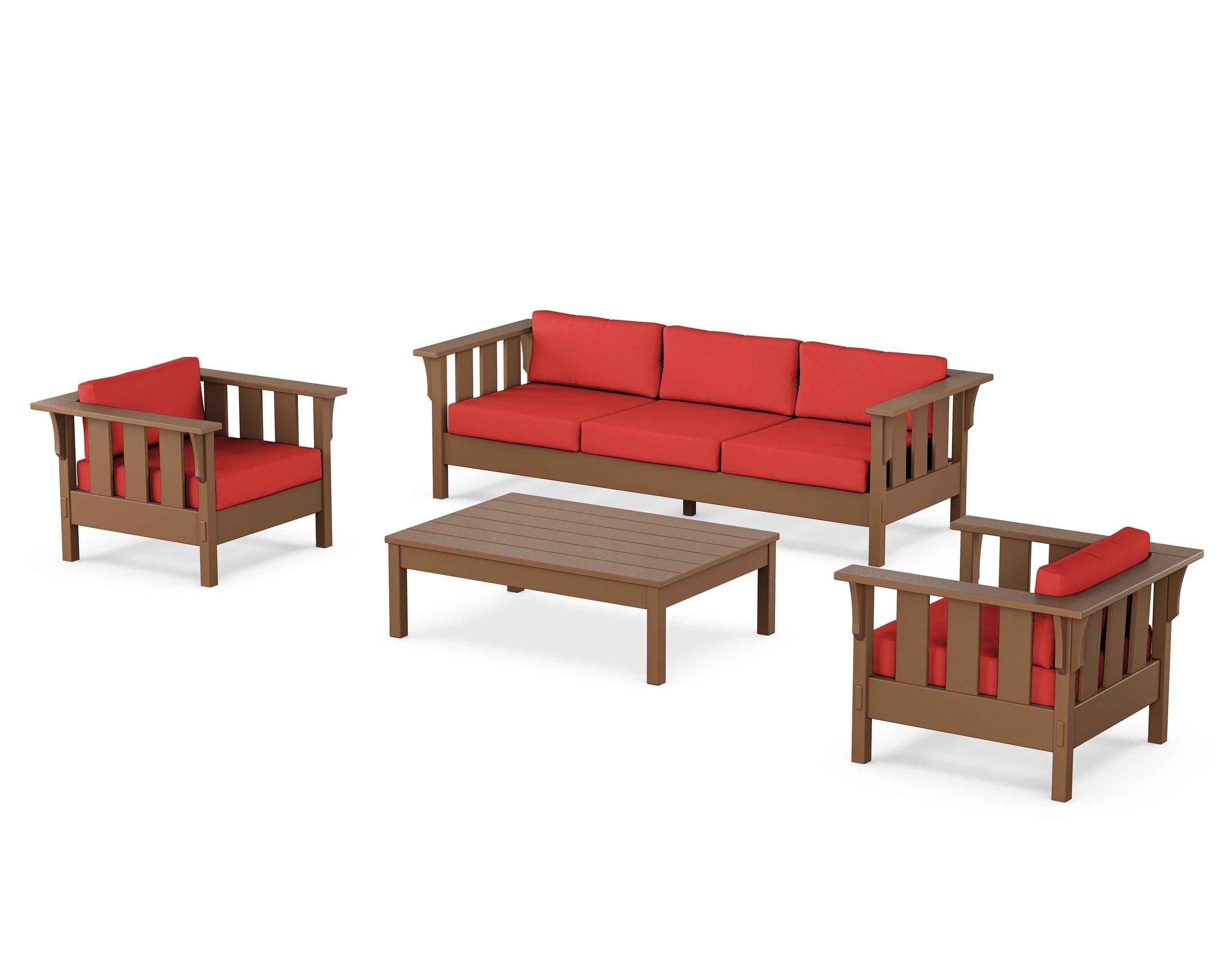 Martha Stewart by POLYWOOD® Acadia 4-Piece Deep Seating Set with Sofa in Teak / Crimson Linen