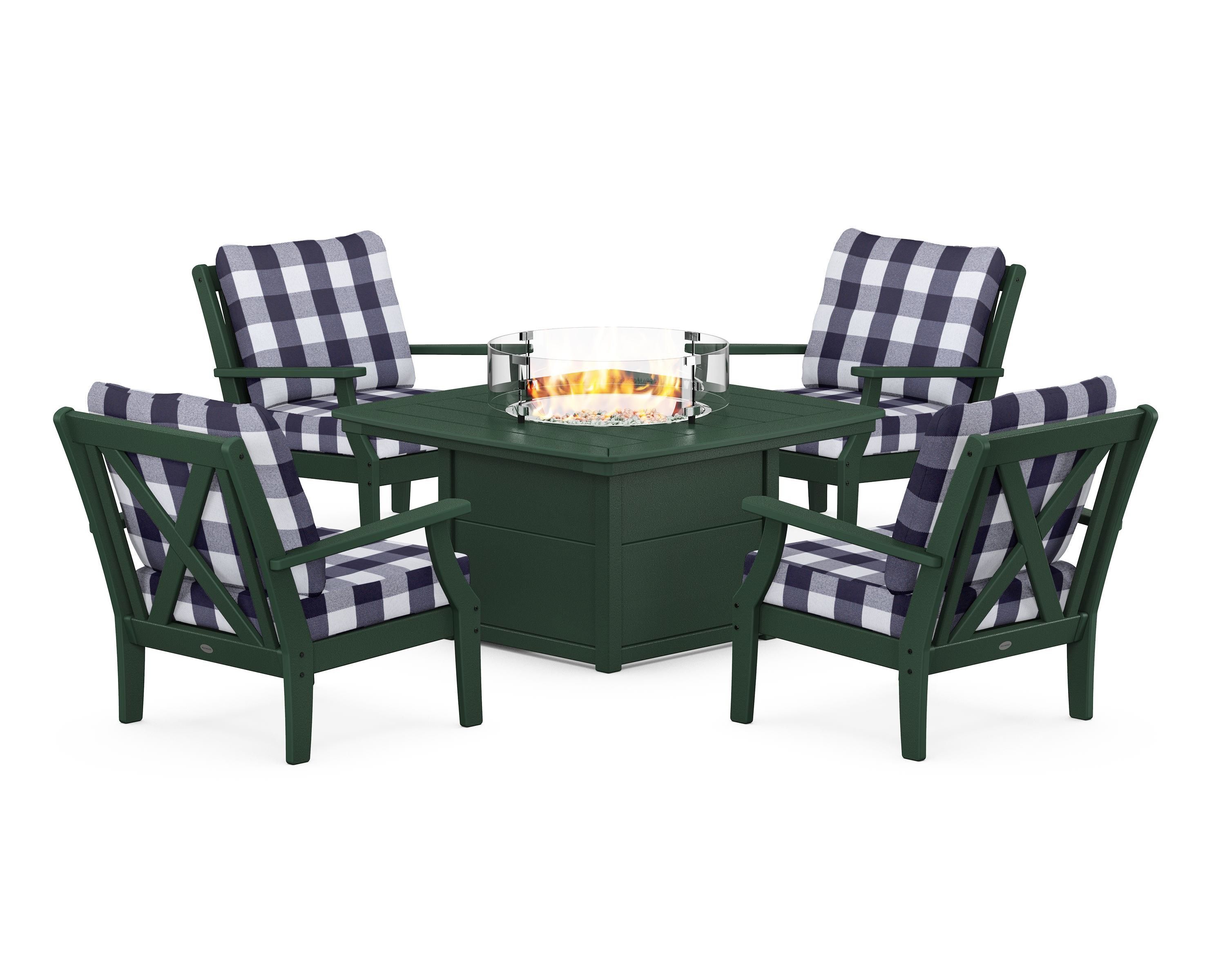 POLYWOOD® Braxton 5-Piece Deep Seating Conversation Set with Fire Pit Table in Green / Buffalo Plaid Navy