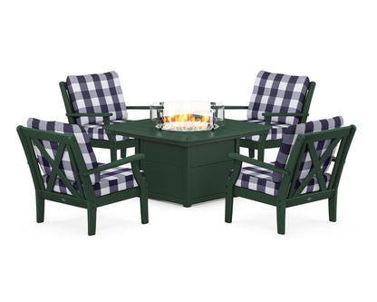 POLYWOOD® Braxton 5-Piece Deep Seating Conversation Set with Fire Pit Table in Green / Buffalo Plaid Navy
