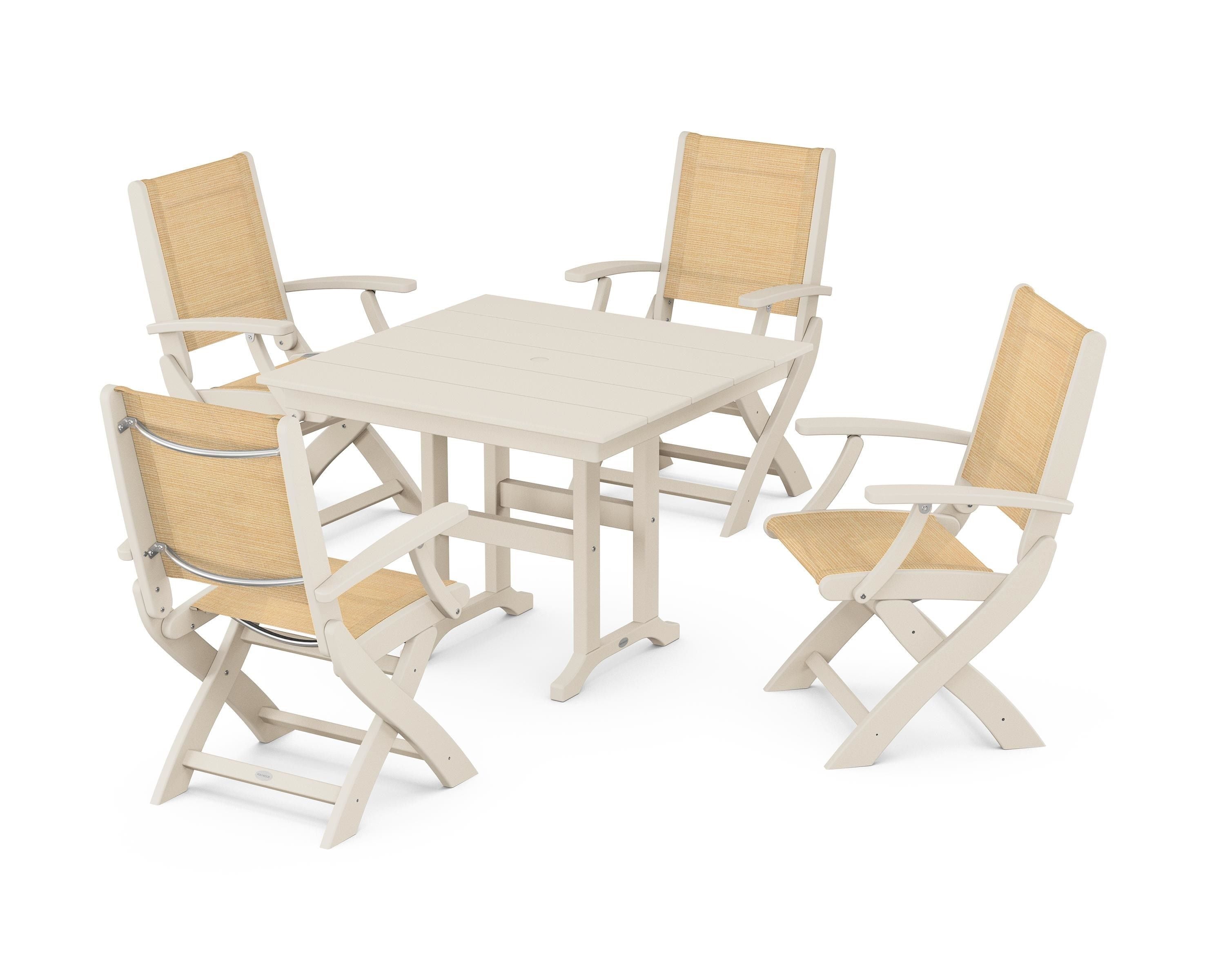 POLYWOOD® Coastal Folding Chair 5-Piece Farmhouse Dining Set in Sand / Dupioni Apricot Sling