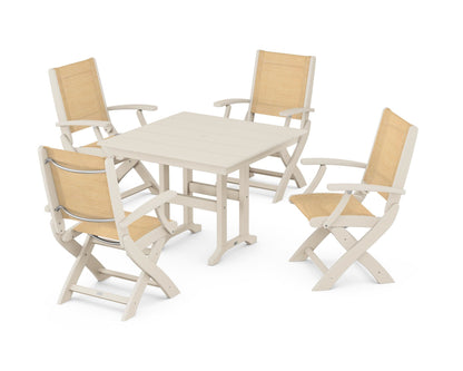 POLYWOOD® Coastal Folding Chair 5-Piece Farmhouse Dining Set in Sand / Dupioni Apricot Sling