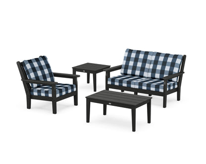 POLYWOOD® Chippendale 4-Piece Deep Seating Set in Black / Buffalo Plaid Marine Indigo