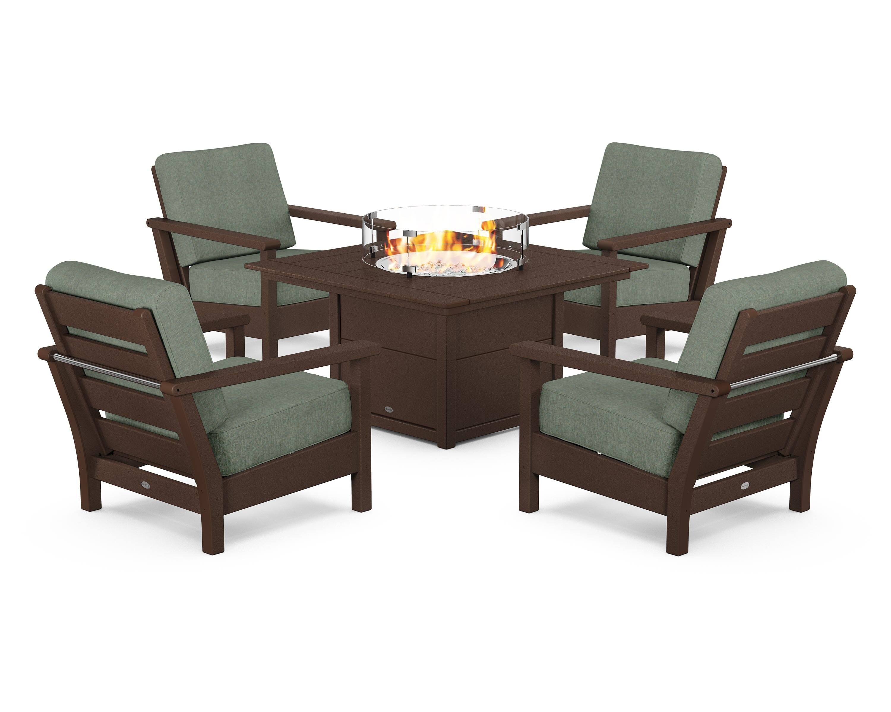 POLYWOOD® Harbour 5-Piece Conversation Set with Fire Pit Table in Mahogany / Cast Sage