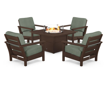 POLYWOOD® Harbour 5-Piece Conversation Set with Fire Pit Table in Mahogany / Cast Sage