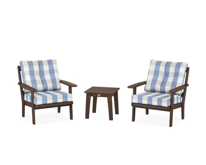 POLYWOOD® Prairie 3-Piece Deep Seating Set in Mahogany / Buffalo Plaid Sky Blue