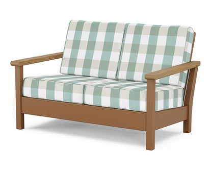 POLYWOOD® Harbour Deep Seating Loveseat in Teak / Natural / Buffalo Plaid Glacier Spa