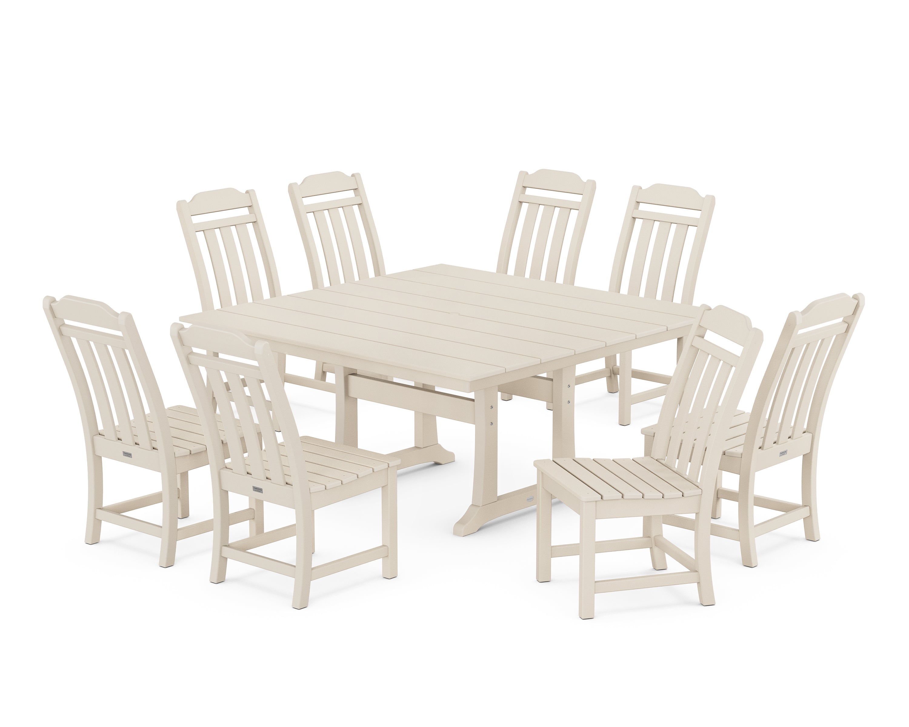 Country Living Cottage 9-Piece Square Farmhouse Side Chair Dining Set with Trestle Legs in Sand