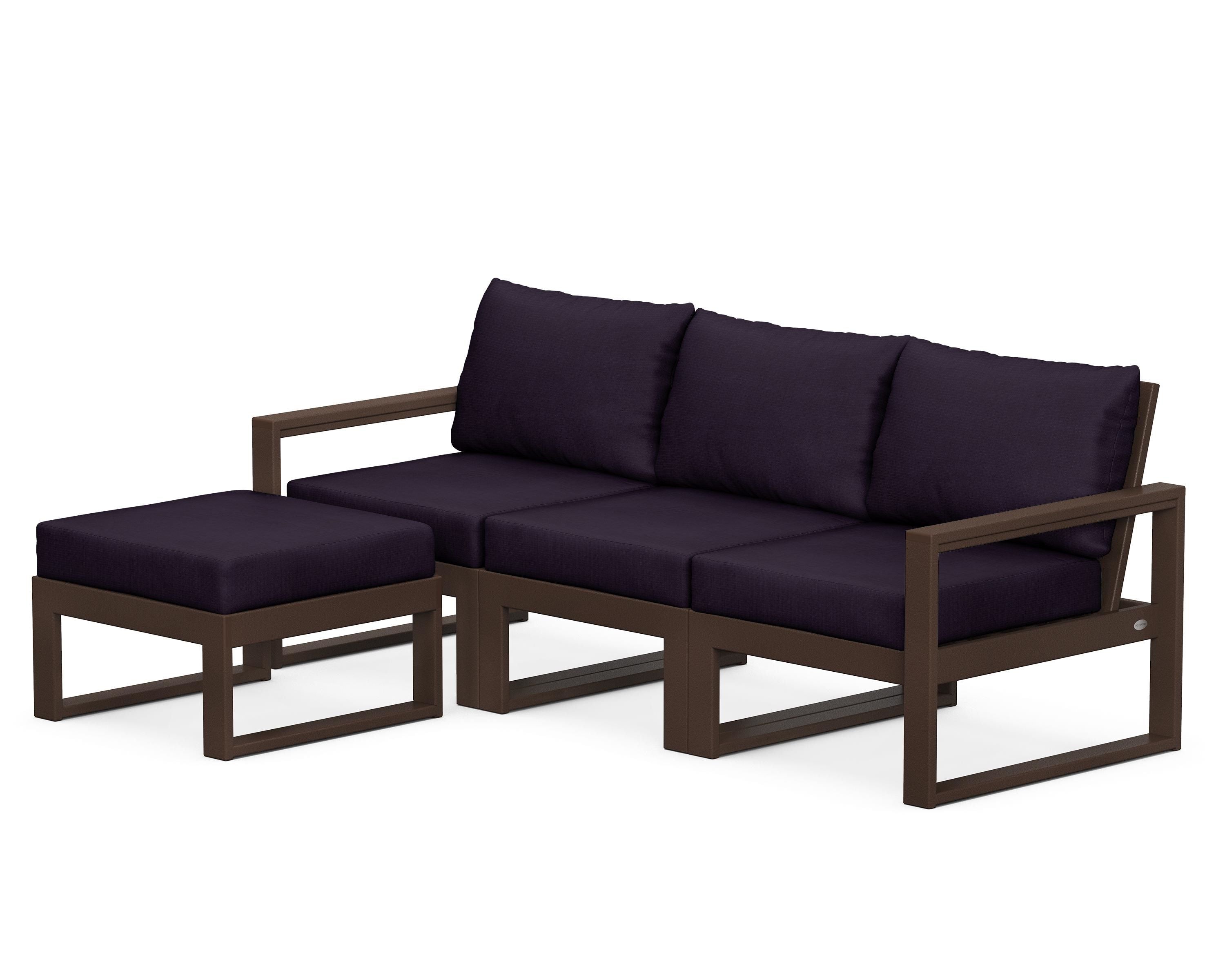 POLYWOOD® EDGE 4-Piece Modular Deep Seating Set with Ottoman in Mahogany / Navy Linen