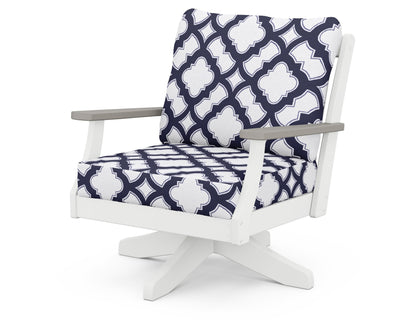 POLYWOOD® Braxton Deep Seating Swivel Chair in White / Driftwood / Trellis Navy