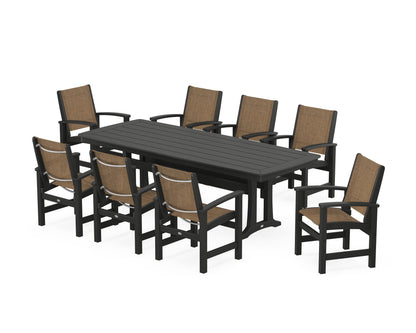 POLYWOOD® Coastal 9-Piece Dining Set with Trestle Legs in Black / Burlap Sling