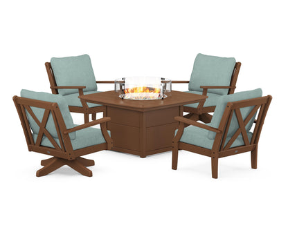 POLYWOOD® Braxton 5-Piece Deep Seating Set with Fire Table in Teak / Glacier Spa