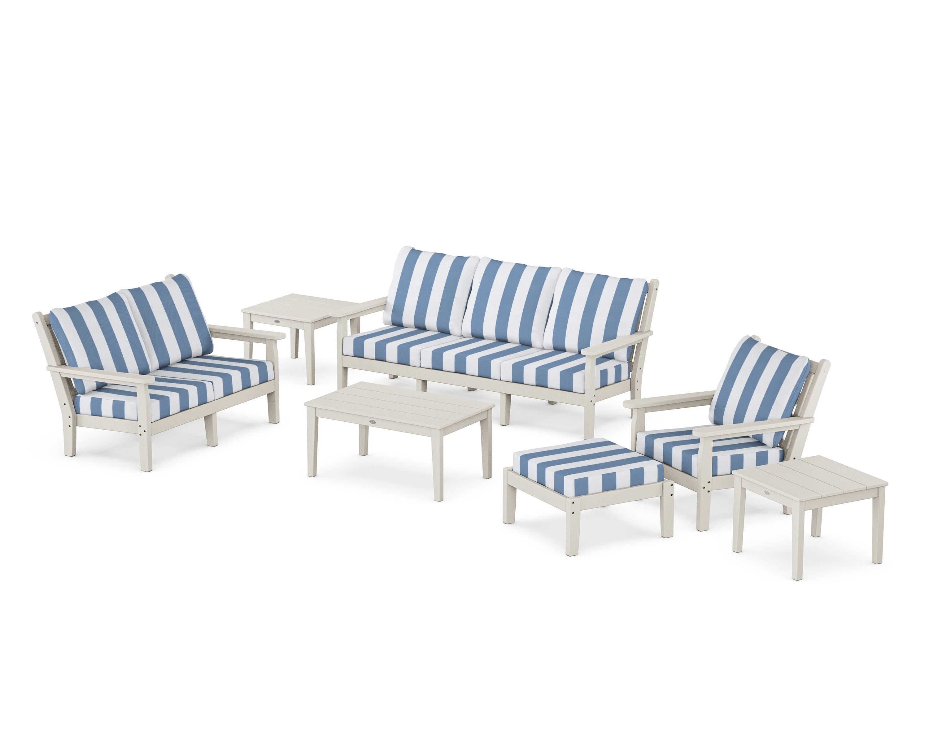 POLYWOOD® Chippendale 7-Piece Deep Seating Set in Sand / Cabana Stripe Sky Blue
