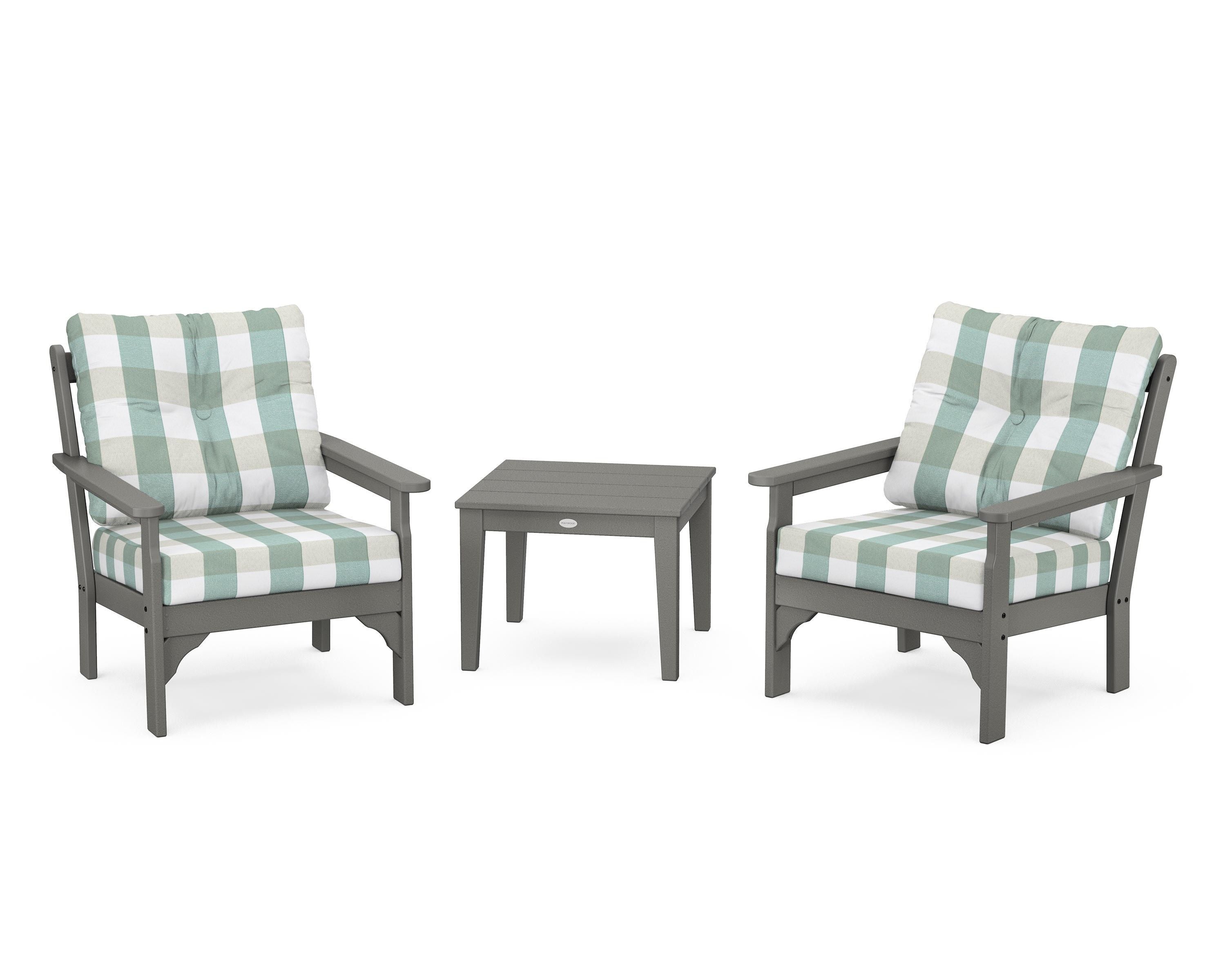 POLYWOOD® Vineyard 3-Piece Deep Seating Set in Slate Grey / Buffalo Plaid Glacier Spa