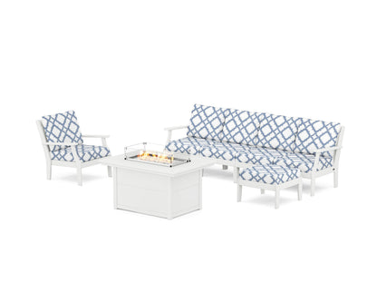 POLYWOOD® Braxton Sectional Lounge and Fire Pit Set in White / Trellis Sky Blue