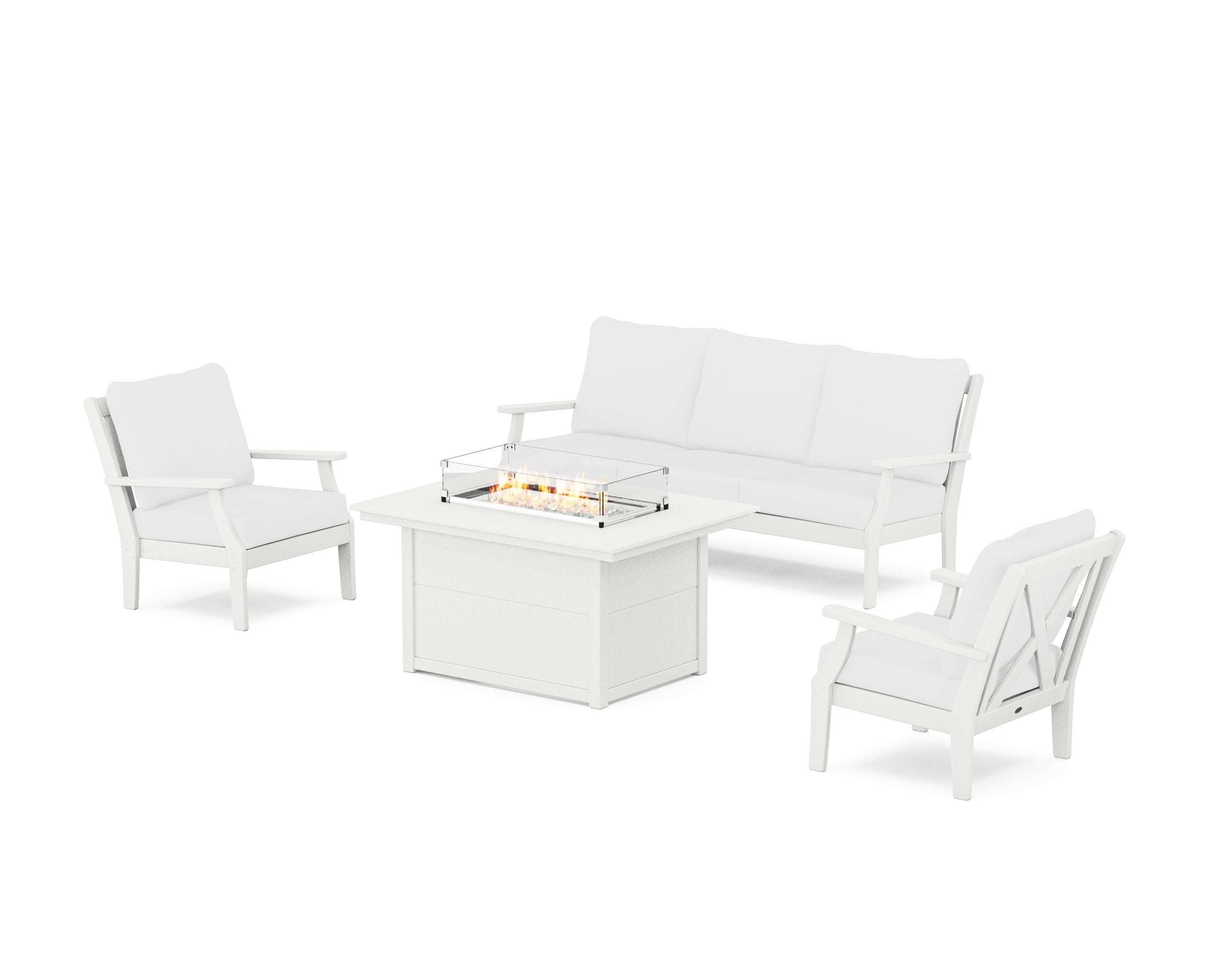 POLYWOOD® Braxton Deep Seating Fire Pit Table Set in Vintage White / Natural