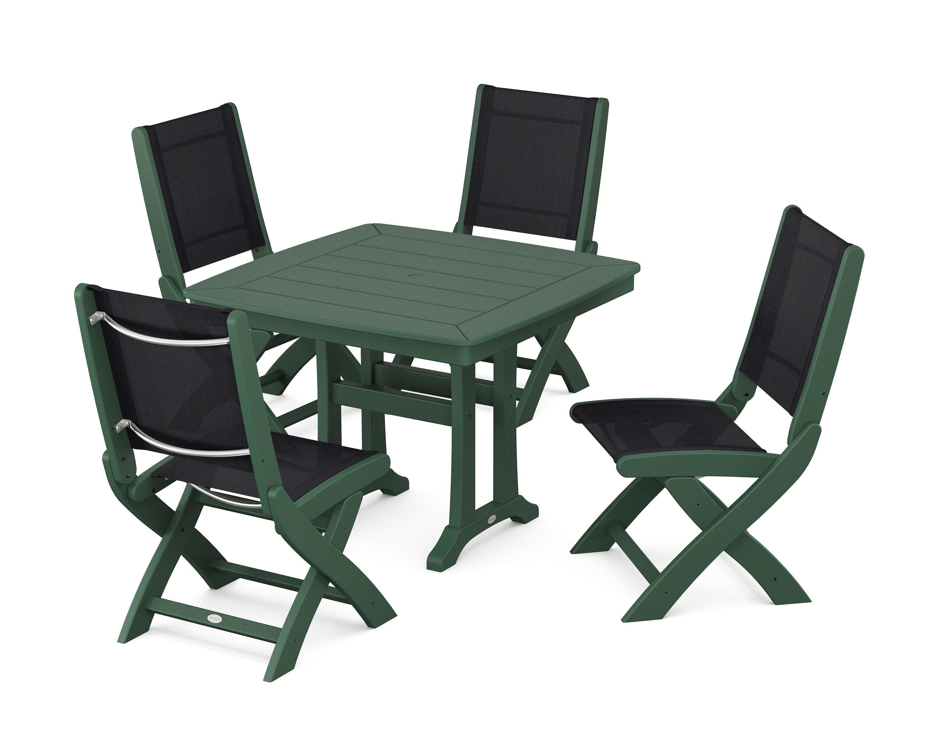 POLYWOOD® Coastal Folding Side Chair 5-Piece Dining Set with Trestle Legs in Green / Black Sling