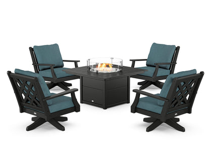 Country Living Wovendale 5-Piece Deep Seating Swivel Conversation Set with Fire Pit Table in Black / Ocean Teal