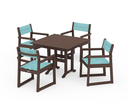 POLYWOOD® EDGE Sling Arm Chair 5-Piece Farmhouse Dining Set in Mahogany / Dupioni Aquamarine Sling