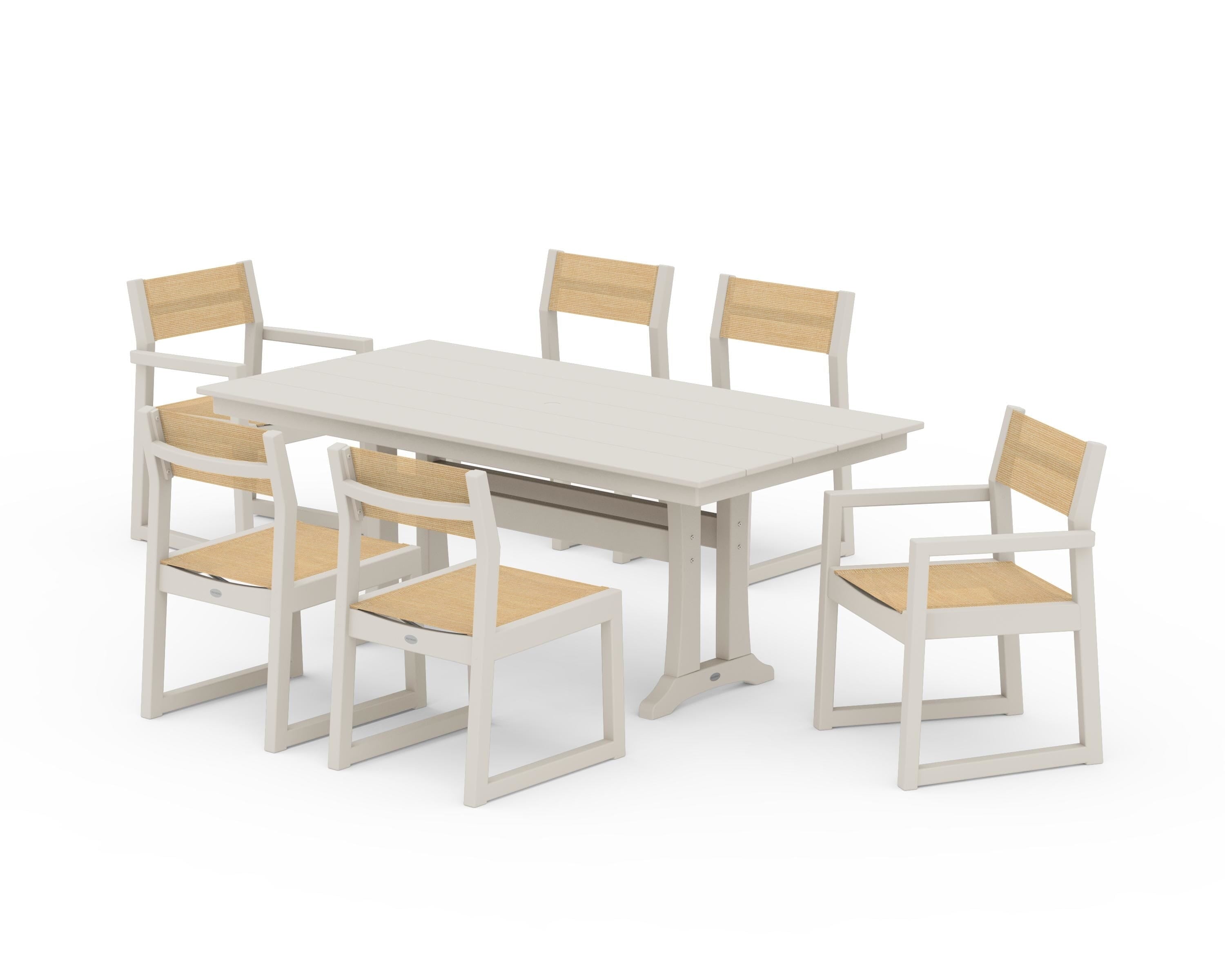POLYWOOD® EDGE Sling 7-Piece Farmhouse Trestle Dining Set in Sand / Dupioni Apricot Sling