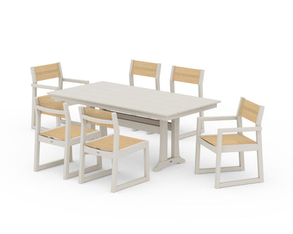 POLYWOOD® EDGE Sling 7-Piece Farmhouse Trestle Dining Set in Sand / Dupioni Apricot Sling