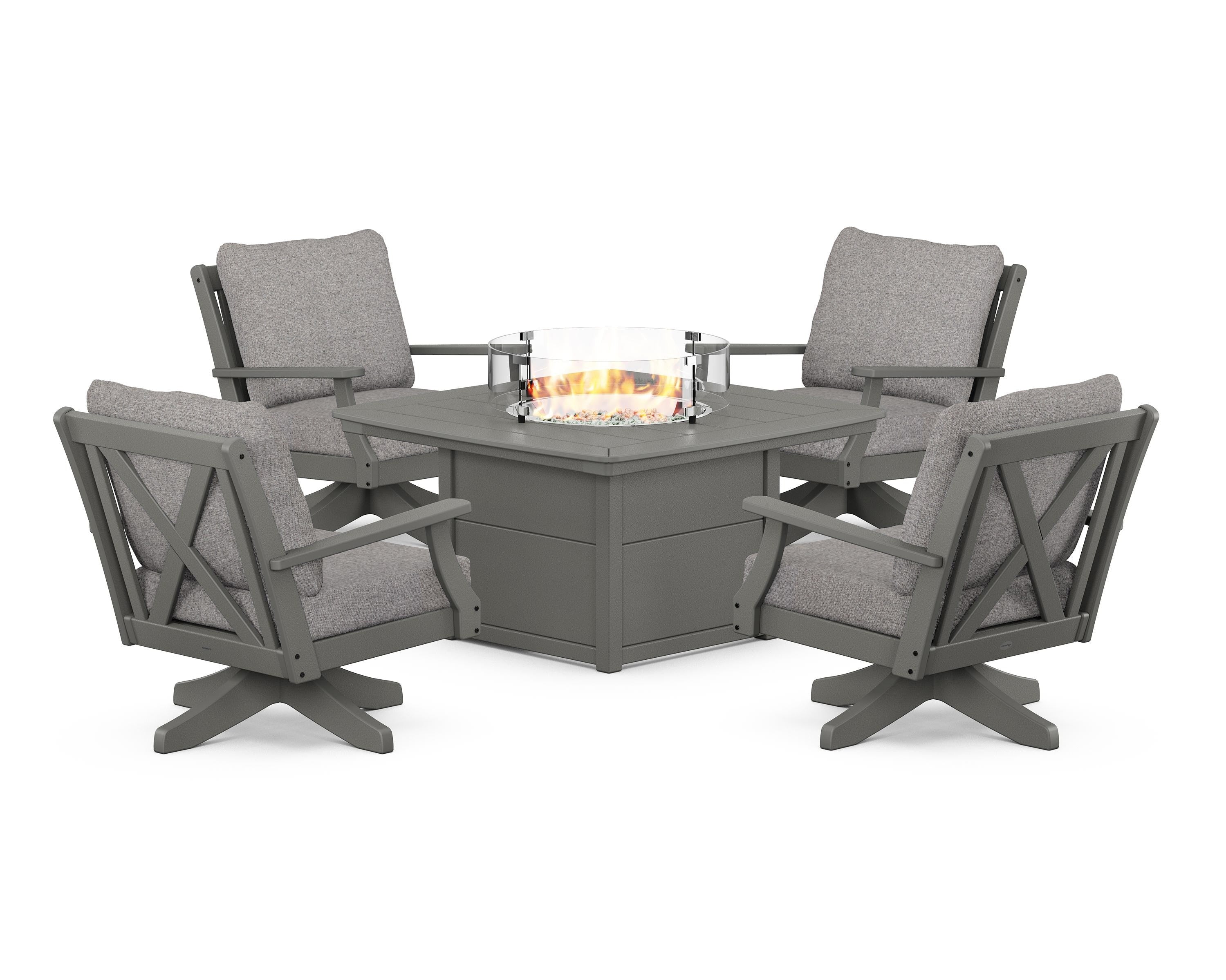 POLYWOOD® Braxton 5-Piece Deep Seating Swivel Conversation Set with Fire Pit Table in Slate Grey / Grey Mist