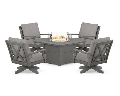 POLYWOOD® Braxton 5-Piece Deep Seating Swivel Conversation Set with Fire Pit Table in Slate Grey / Grey Mist