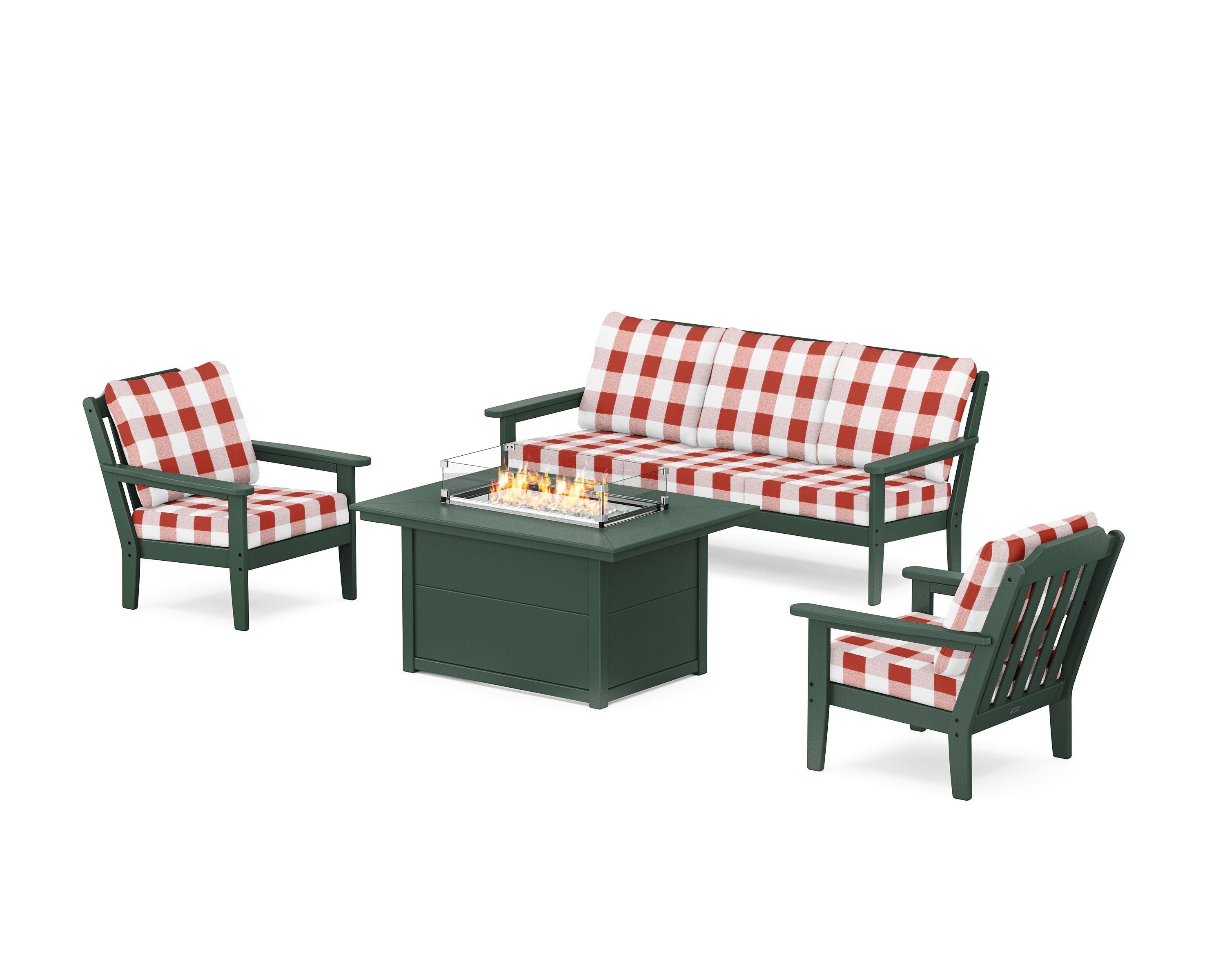 Country Living Cottage Deep Seating Fire Pit Table Set in Green / Buffalo Plaid Crimson