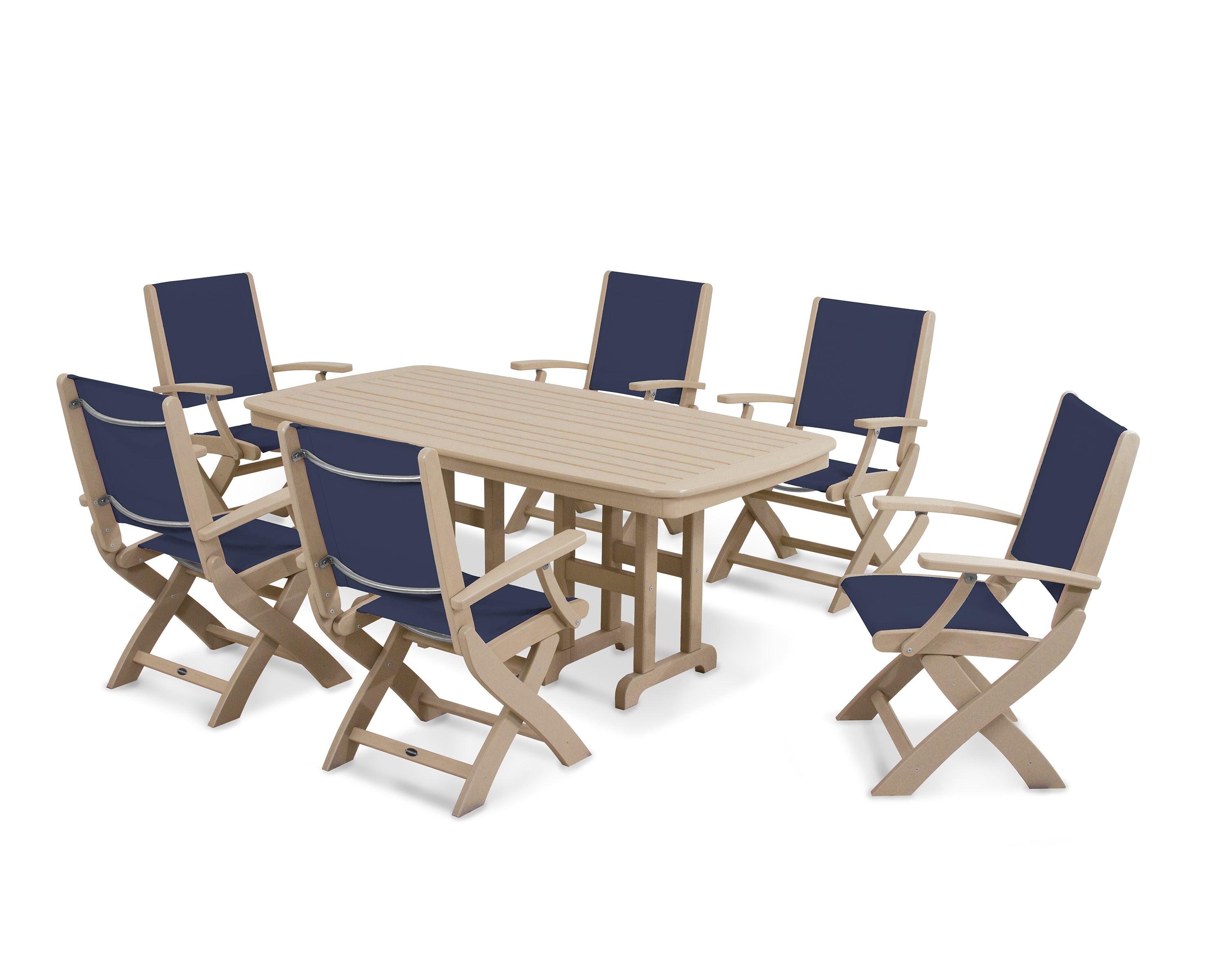 POLYWOOD® Coastal Folding Arm Chair 7-Piece Dining Set in Sand / Navy Blue Sling