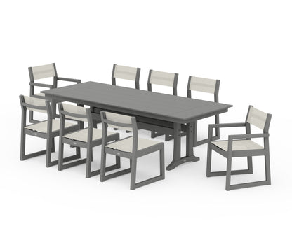 POLYWOOD® EDGE Sling 9-Piece Farmhouse Trestle Dining Set in Slate Grey / Parchment Sling