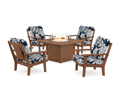 POLYWOOD® Prairie 5-Piece Deep Seating Set with Fire Pit Table in Teak / Leaf Marine Indigo