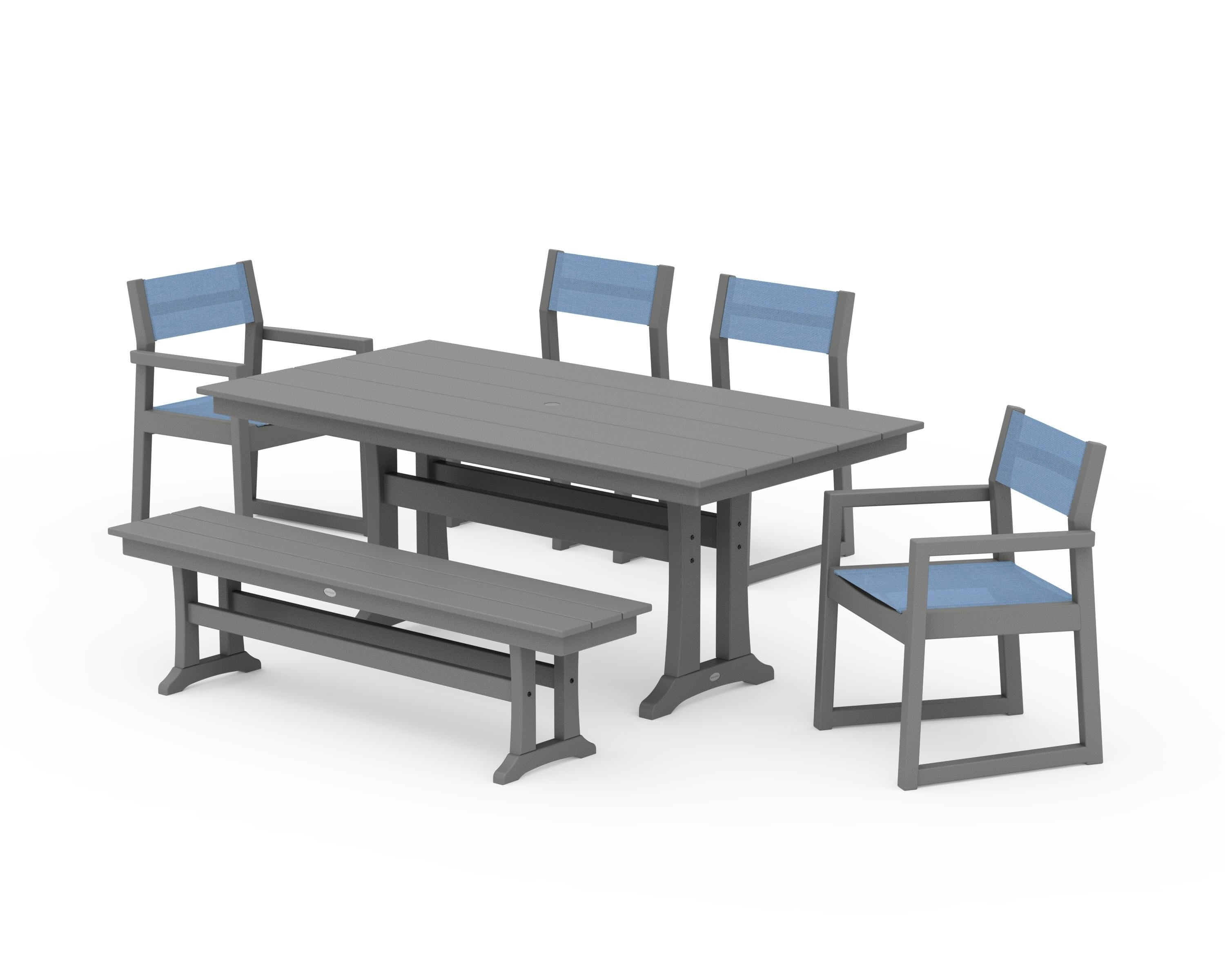 POLYWOOD® EDGE Sling 6-Piece Farmhouse Dining Set With Trestle Legs in Slate Grey / Poolside Sling
