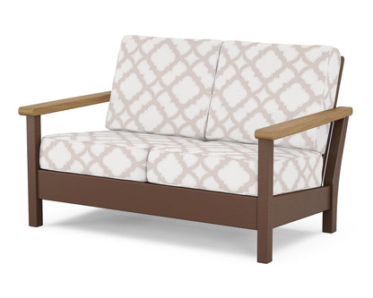 POLYWOOD® Harbour Deep Seating Loveseat in Mahogany / Natural / Trellis Dune Burlap