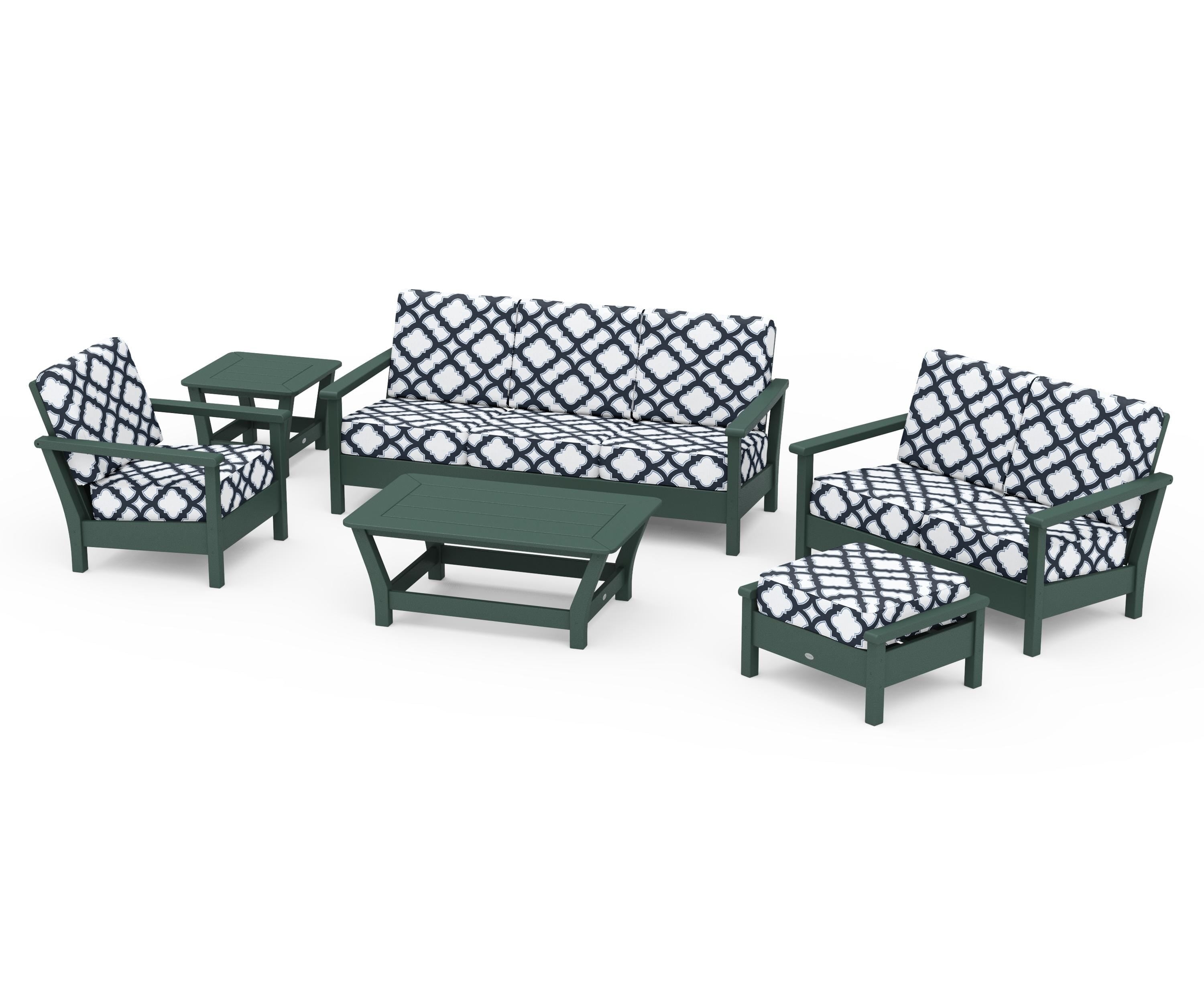 POLYWOOD® Harbour 6-Piece Outdoor Living Set in Green / Trellis Marine Indigo