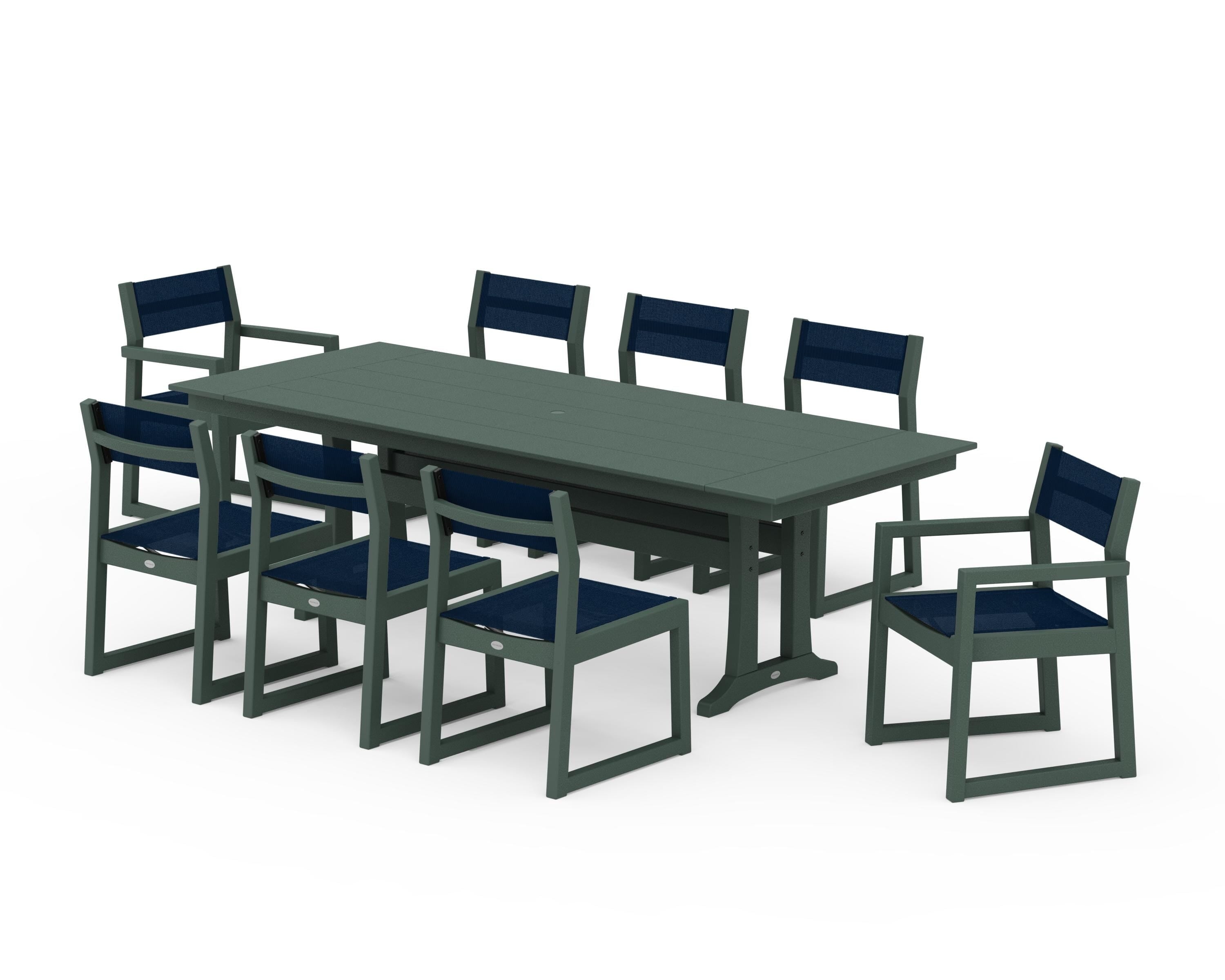 POLYWOOD® EDGE Sling 9-Piece Farmhouse Trestle Dining Set in Green / Navy Blue Sling
