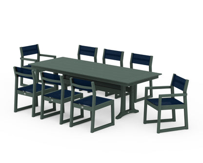 POLYWOOD® EDGE Sling 9-Piece Farmhouse Trestle Dining Set in Green / Navy Blue Sling
