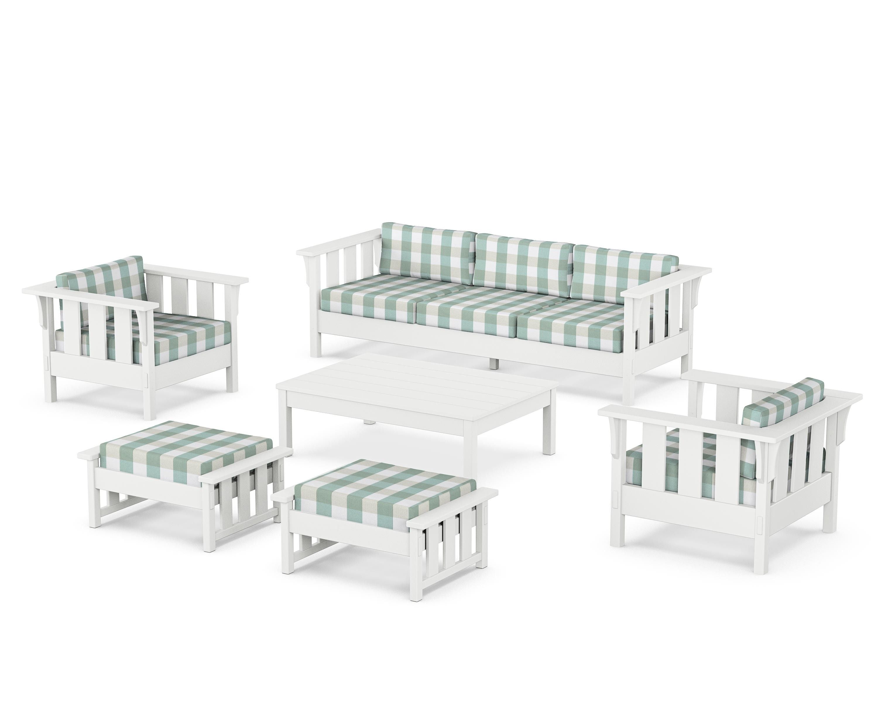 Martha Stewart by POLYWOOD® Acadia 6-Piece Lounge Sofa Set in White / Buffalo Plaid Glacier Spa